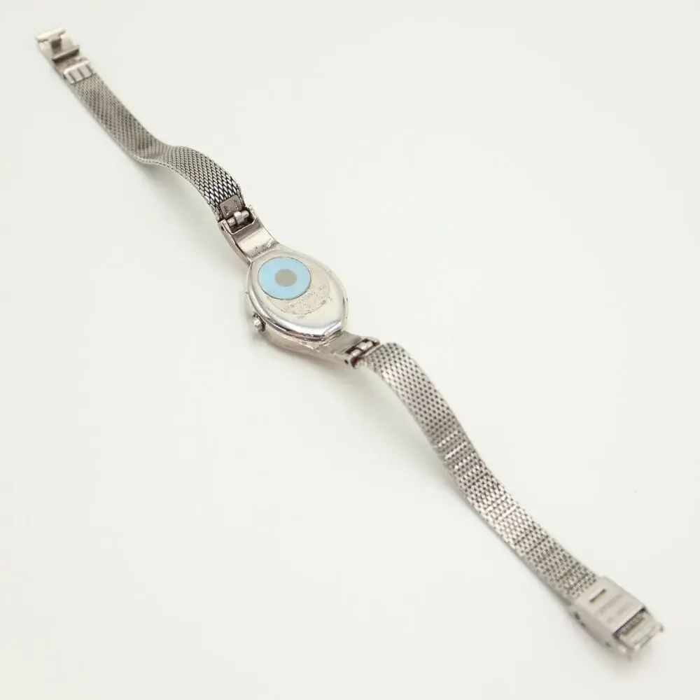 Vintage Citizen Silver Blue Oval Swirl 19mm Women Watch Steel Band w New Battery